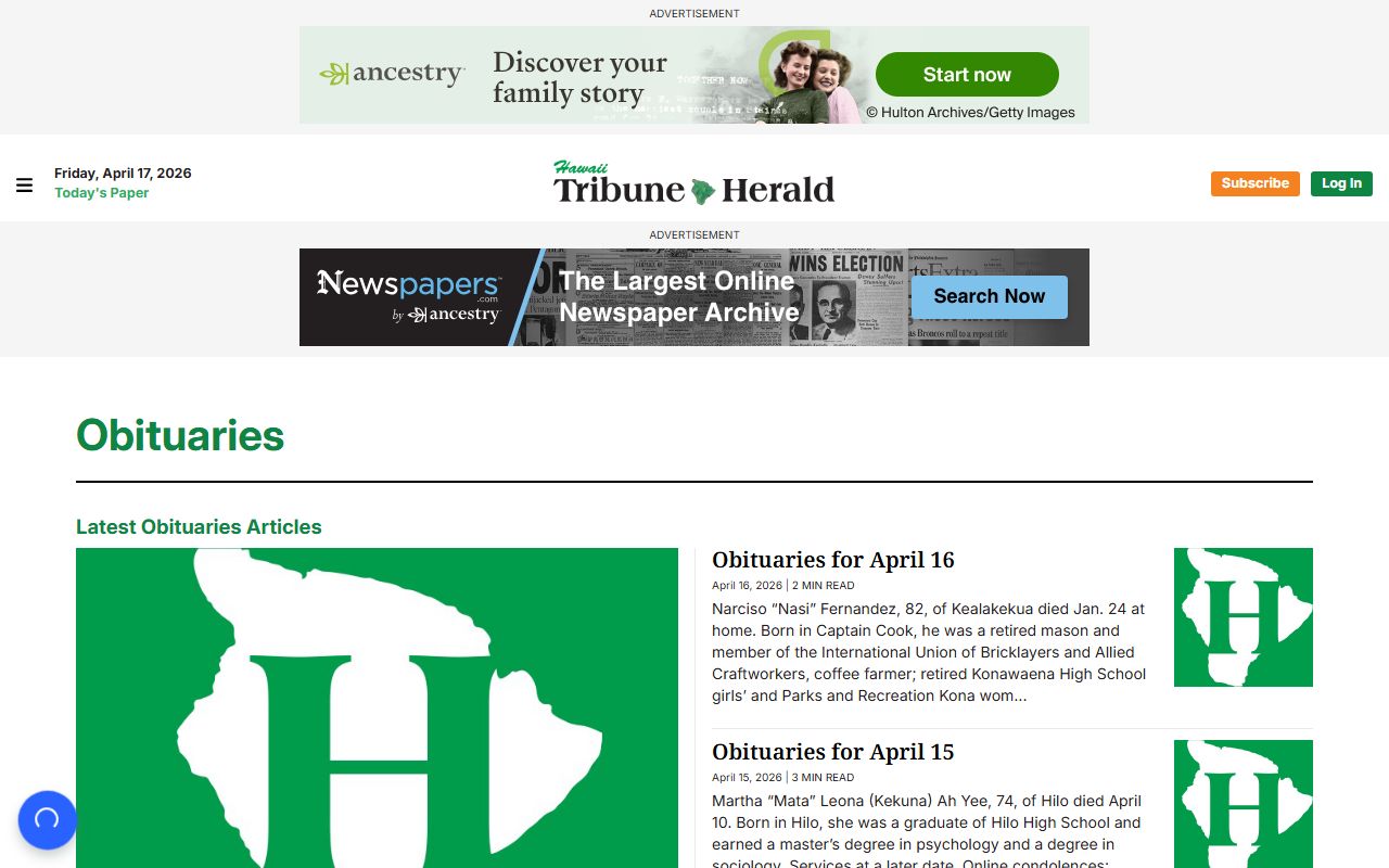Hawaii Tribune-Herald obituaries Hawaii County death index