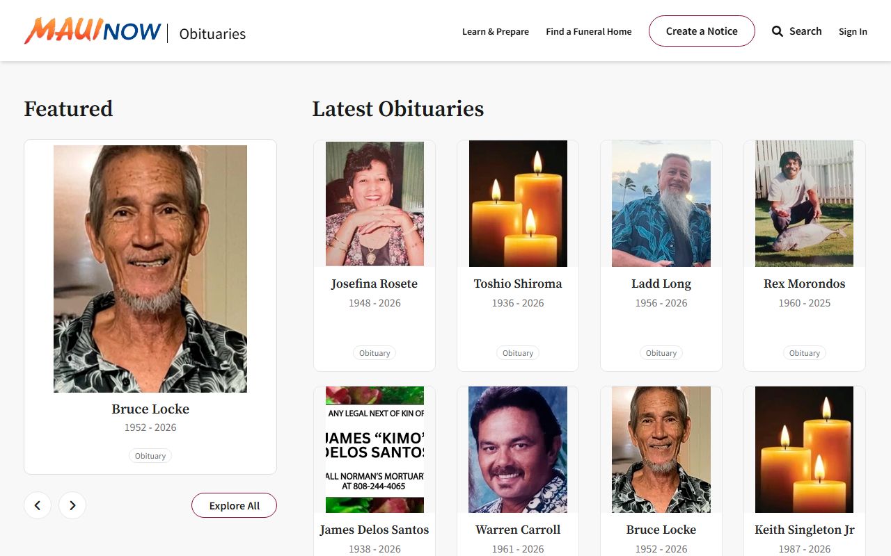 Maui Now obituaries death index Kahului Maui County