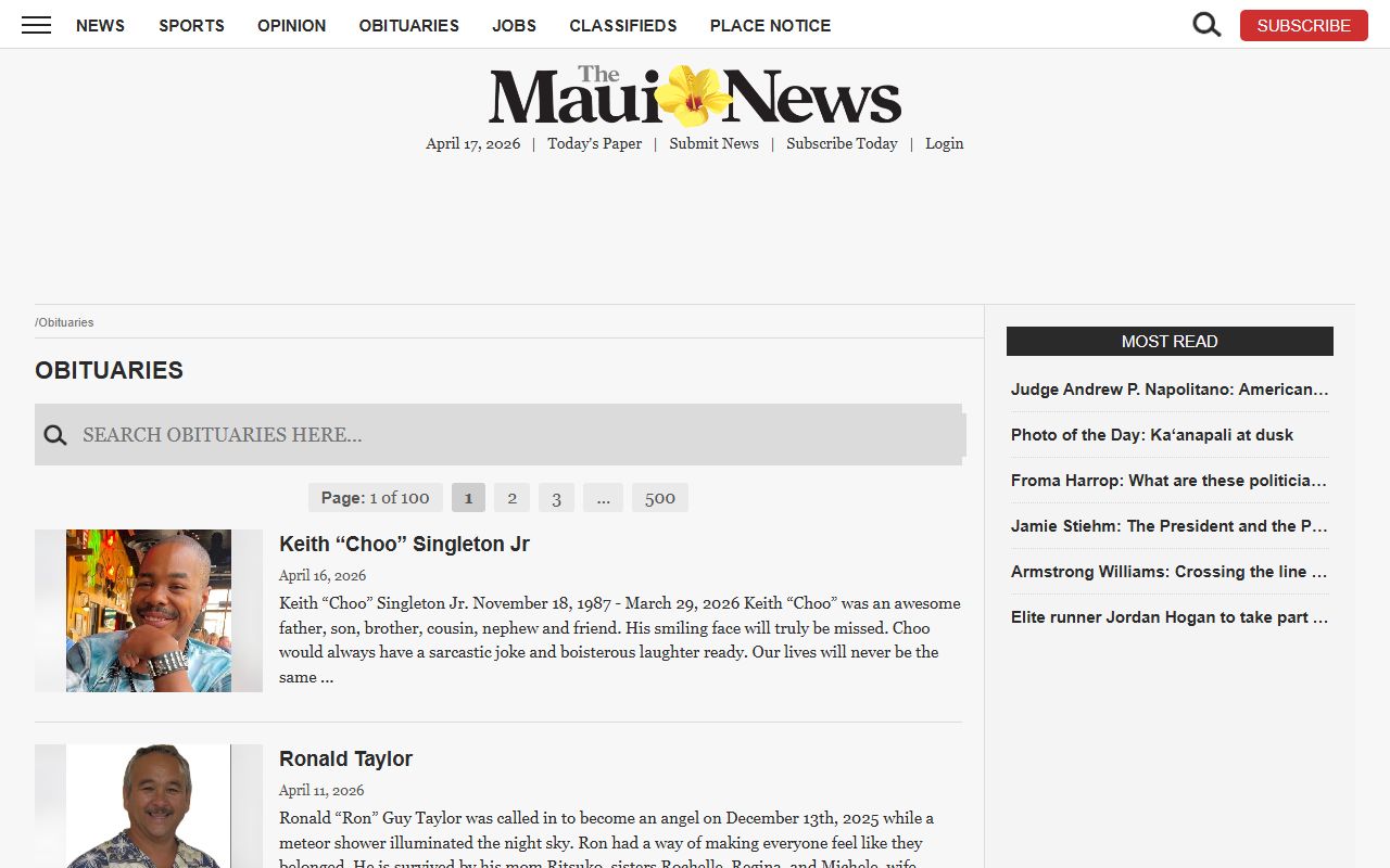 The Maui News obituaries death index Maui County