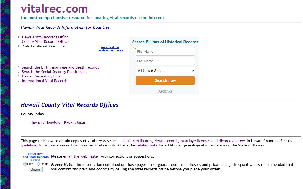 Honolulu County clerk vital records information death index