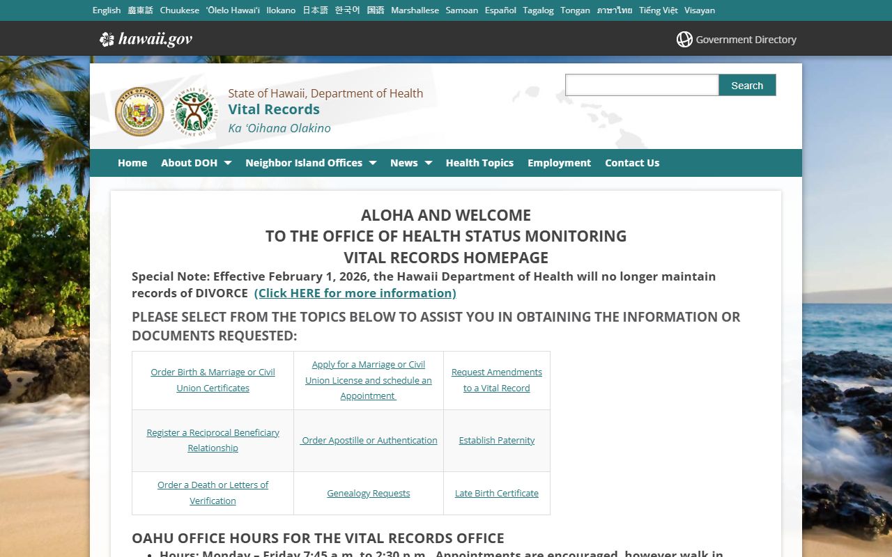 Honolulu County DOH vital records office death index
