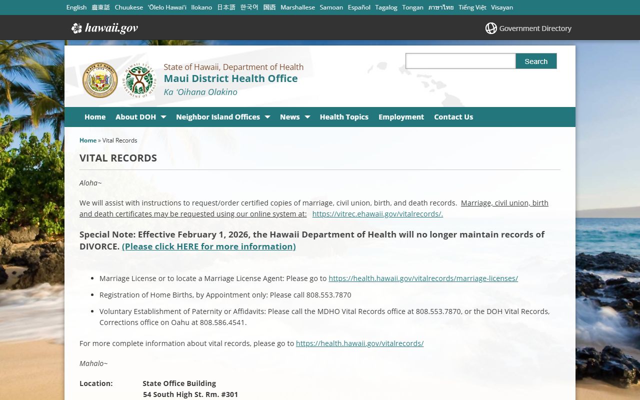 Maui District Health Office vital records death index Kahului Maui County