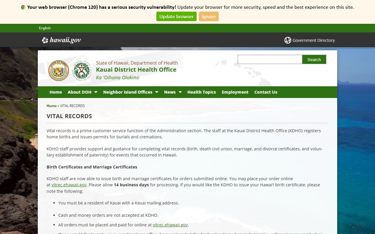 Kauai District Health Office vital records death index Lihue