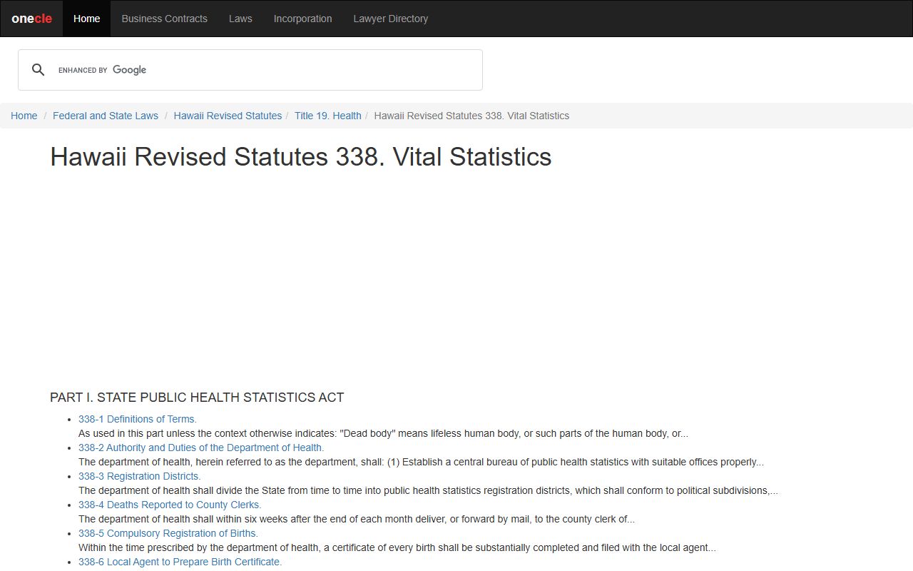 Hawaii Revised Statutes Chapter 338 vital statistics death index law