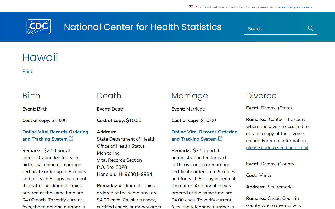 CDC Where to Write for Hawaii vital records death index guide