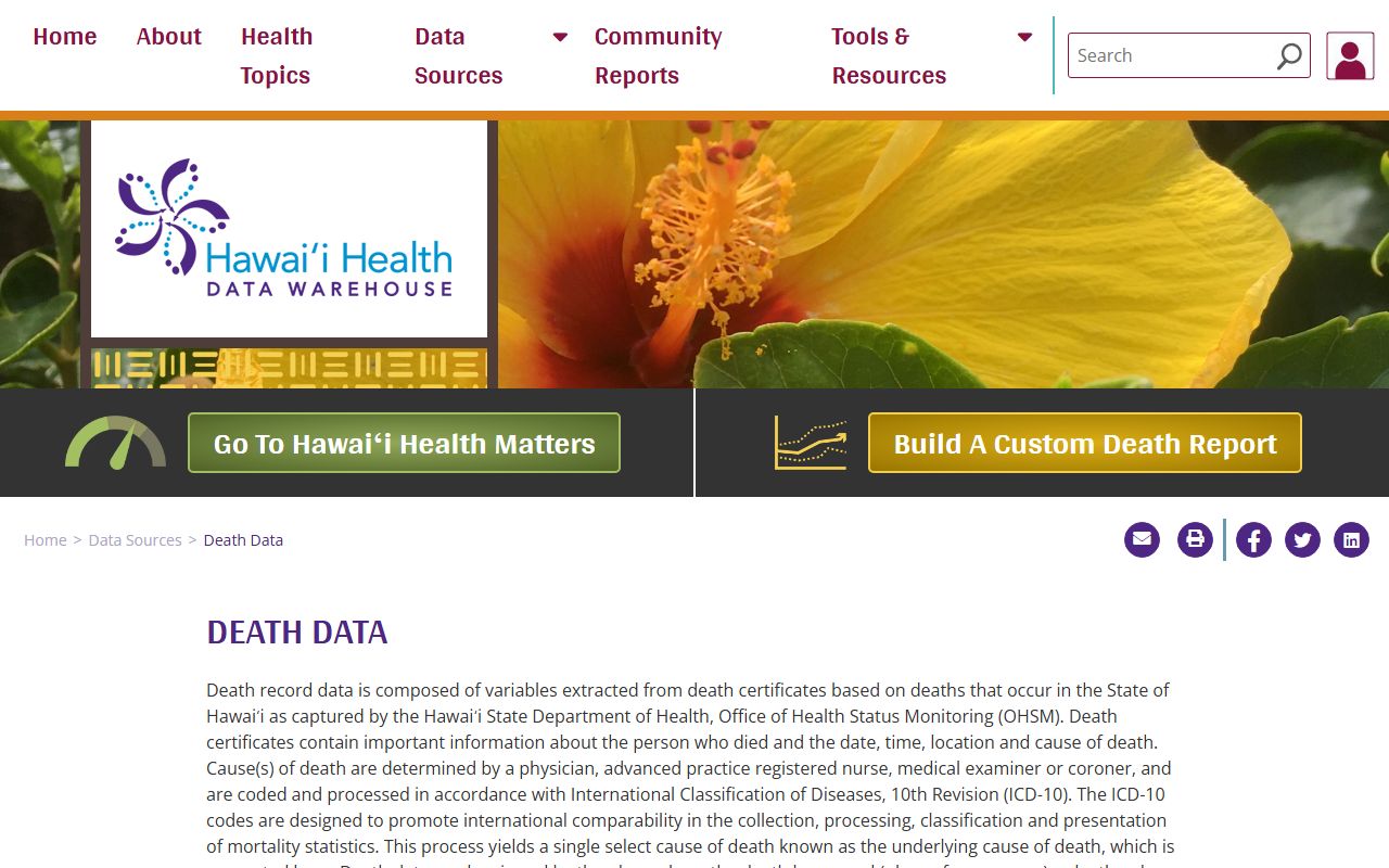 Hawaii Health Data Warehouse death data statistics
