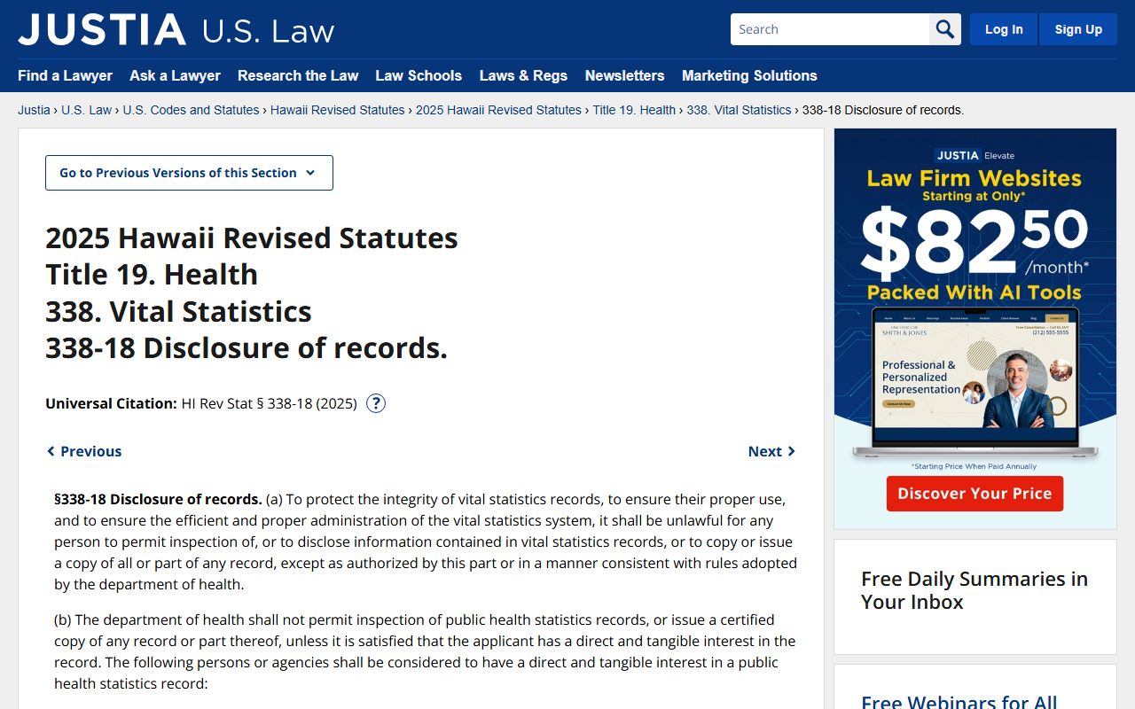 Hawaii Revised Statutes Section 338-18 death record disclosure rules